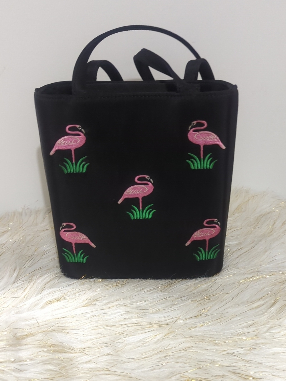 Black Tote with Pink Flamingo Embroidery